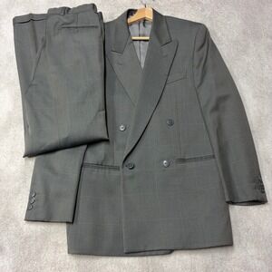 Vintage Yves Saint Laurent 2 Piece Suit Wool Double Breasted Gray Plaid Mens 38